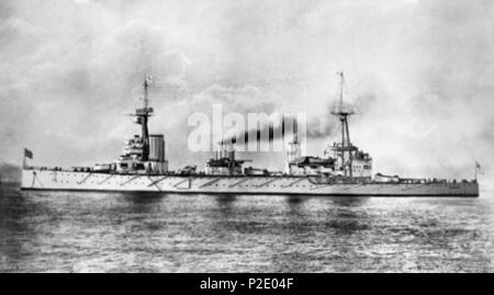 . AWM caption: FIRTH OF FORTH, SCOTLAND. C.1915-02. PORT BROADSIDE VIEW OF THE BATTLECRUISER HMAS AUSTRALIA (I) AS FLAGSHIP OF THE 2ND BATTLECRUISER SQUADRON, GRAND FLEET. THE SHIP IS FLYING THE FLAG OF A VICE ADMIRAL AT THE FOREPEAK INDICATING THAT THE PHOTOGRAPH DATES FROM BETWEEN 1915-02-08, WHEN VICE ADMIRAL SIR GEORGE PATEY RN COMMANDED THE SQUADRON, AND 1915-03-07, WHEN HE WAS RELIEVED BY REAR ADMIRAL W.C. PAKENHAM RN. THE SHIP HAS HAD A RANGE FINDER POSITION FITTED ABOVE HER FORE CONTROL TOP AND A DIRECTOR CONTROL TOWER FITTED BELOW IT, AS WELL AS ADDITIONS TO HER FORWARD SUPERSTRUCTURE Stock Photo