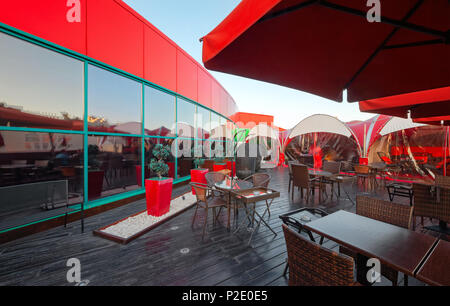 MOSCOW - SEPTEMBER 2014: The design of the stylish and modern interior of the Japanese restaurant 'Tokyo Bay'. Open veranda on the roof Stock Photo