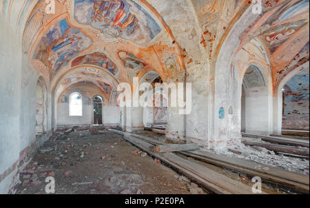 RUSSIA, TVER REGION - MAY 2016 Abandoned brick church built in the late 19th century, inside Stock Photo