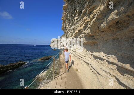 France, Corse du Sud, Bonifacio, the staircase of the King of Aragon carved in the limestone cliffs Stock Photo