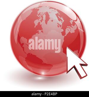 glass globe earth map 3d red and cursor on white background Stock Vector