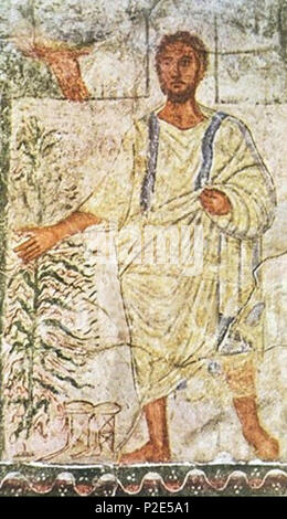 . English: Moses and the burning bush. Painting from Dura Europos Synagogue, 244-245 C.E. Fresco detail Date: last phase of painting cycle dated by Aramaic inscription to 244 C.E.; Gabrielle Sed-Rajna, Abcedaire du Judaïsme, Paris: Frammarion, 2000, p. 26: 245 C.E. 26 July 2014. Anonymous 35 Moses Dura Europos Stock Photo