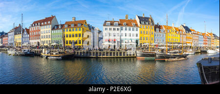 Panorama view of Nyhavn with the canal in Copenhagen city, Denmark.