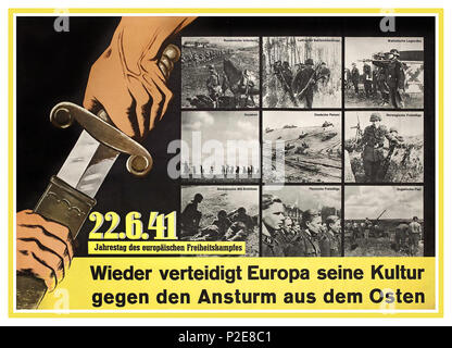 Vintage Nazi Germany WW2 Propaganda Poster Waffen-SS - 22. June 1941 German anti-communist propaganda poster 1941 to 1945. celebrating collaborating armed forces from Romania, Lithuania, Wallonia,  Cossacks, Norway, Slovakia, Finland and Hungary  with the Germans in the campaign against the Soviet Union. Poster Title reads..'Once again, Europe defends its culture against the onslaught of the East' Stock Photo