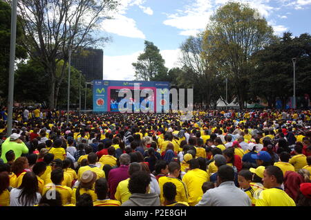 Bogota, Colombia, 21 JUN 2015 - Colombian football fans watching a game during the Copa America in Parque 93 in the capital Bogota Stock Photo