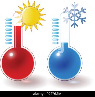 red, blue thermometers, hot sun, cold snowflake set Stock Vector