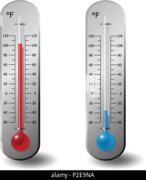 thermometers Fahrenheit red blue degree set on white Stock Vector