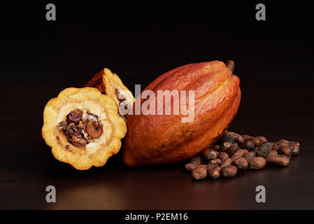 Natural raw open cocoa pod close up on dark wooden background Stock Photo