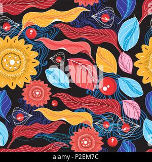Autumn seamless color pattern from different leaves on a dark background Stock Vector