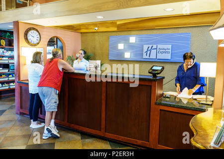 Florida,FL South,Clearwater,Holiday Inn Express,hotel,motel,lobby,reservations front desk check in reception reservation reservations register registr Stock Photo