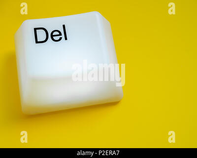 Big Delete Computer Key Button Light Box Isolated on Yellow Background with Space. Eraser Concept. Stock Photo