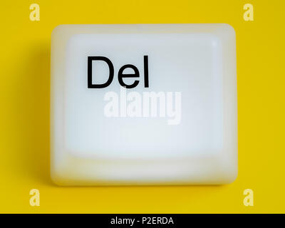 Flat Lay of Big Delete Computer Key Button Light Box Isolated on Yellow Background with Space. Eraser Concept. Stock Photo