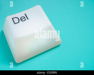 Big Delete Computer Key Button Light Box Isolated on Aqua Blue or Green Background with Space. Eraser Concept. Stock Photo