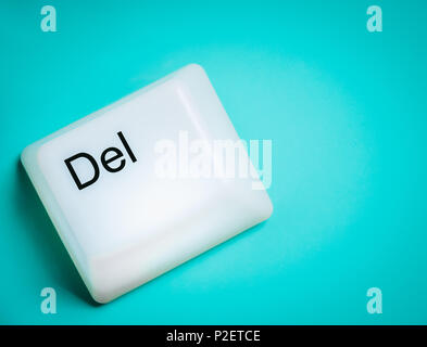 Flat Lay of Big Delete Computer Key Button Light Box Isolated on Aqua Blue or Green Background with Space. Eraser Concept. Stock Photo