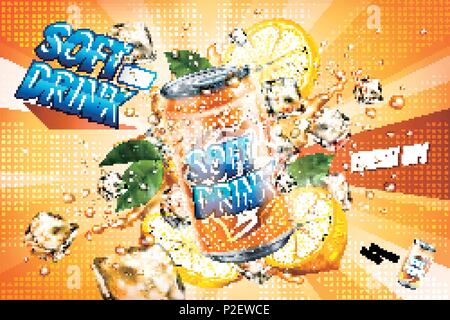Soft drink ads with sliced lemon and floating ice cubes in 3d illustration Stock Vector