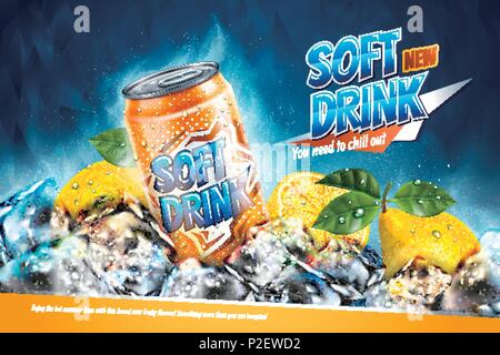 Soft drink ads with sliced lemon on freezing ice cubes in 3d illustration Stock Vector