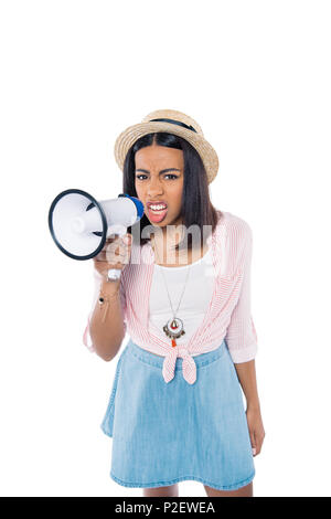 portrait of angry african american woman with loudspeaker looking at camera isolated on white Stock Photo