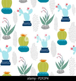 Cactus plant seamless pattern, mexican style plants. Exotic floral background in hand drawn style. EPS10 vector. Stock Vector