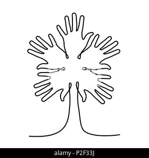 Tree made of human hands in single continuous line. Concept idea for community help, charity project or social event. EPS10 vector. Stock Vector