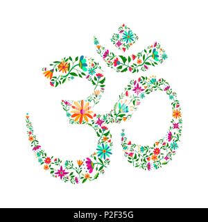 Om symbol made of flower decoration. Spiritual yoga sign on isolated background, religious india culture calligraphy. EPS10 vector. Stock Vector