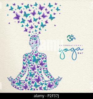 International yoga day greeting card for special event. Woman meditating in lotus pose made of butterfly decoration, relaxation exercise illustration. Stock Vector