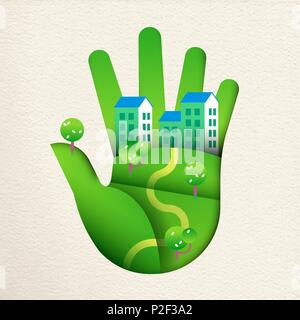 Green human hand in paper cut art style with smart city landscape, concept for environment care or sustainable houses. EPS10 vector. Stock Vector