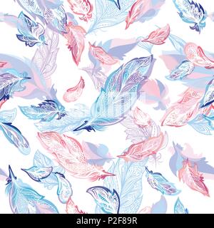 Seamless boho background with decorative detailed blue and pink desing elements for romantic design Stock Vector