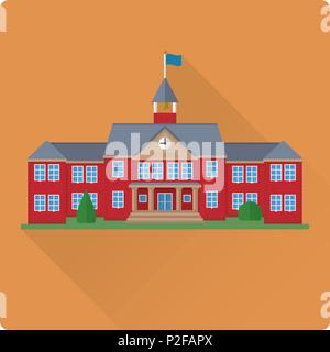 flat design long shadow school house building vector illustration Stock Vector