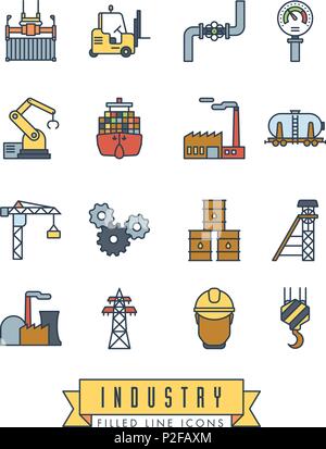 Collection of industry themed vector line icons with color fill Stock Vector