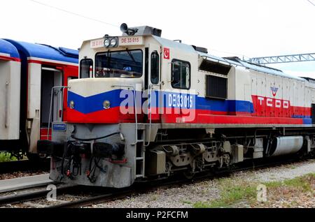 Turkish Railways diesel electric locomotive parked for Dogu Express train at Ankara station Turkey Stock Photo