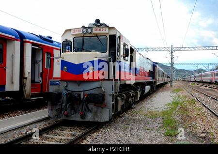 Turkish Railways diesel electric locomotive parked for Dogu Express train at Ankara station Turkey Stock Photo