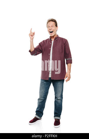 excited mature man with idea pointing up with finger isolated on white Stock Photo