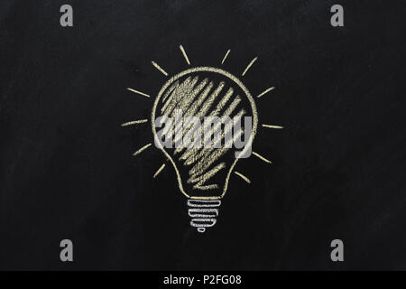 close up of yellow electric bulb drawn on black chalkboard Stock Photo