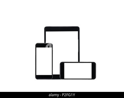 black tablet computer and smartphones with blank screens isolated on white Stock Photo
