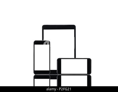 arranged tablet computer and smartphones with blank screens isolated on white Stock Photo