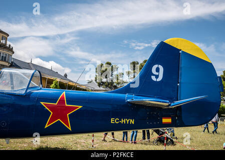 Madrid, Spain - June 3, 2018:  Yak 52 Russian aerobatic aircraft during air show of historic aircraft collection in Cuatro Vientos airport Stock Photo