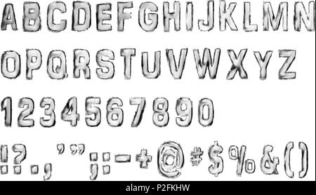 English alphabet, numbers, and some symbols, vector illustration made to look like a stamp with paint. Stock Vector