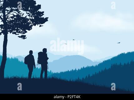 Two tourists with backpacks standing in mountain landscape with forest, under blue sky with clouds and flying birds - vector Stock Vector