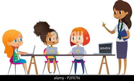 Happy girl scouts sitting at laptops and learning programming during lesson, smiling female troop leader standing near them. Concept of coding for children in scouting camp. Vector illustration. Stock Vector