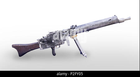 German manual machine gun MG 08 model 1908 year. Isolated image on white background. Good photo for the site about history, invention, war, weapons. Stock Photo