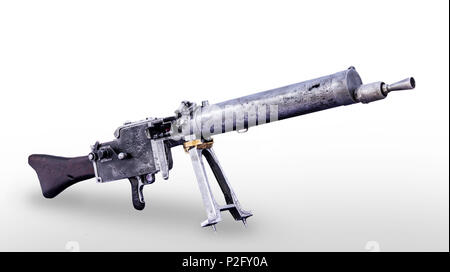 German manual machine gun MG 08 model 1908 year. Isolated image on white background. Good photo for the site about history, invention, war, weapons. Stock Photo