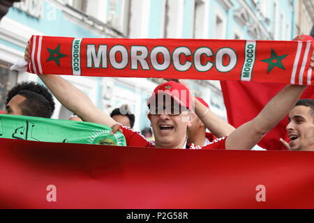 St. Petersburg, Russia, 15th June, 2018. Moroccan football fans in Saint-Petersburg on the day of first match of FIFA World Cup 2018 in the city. It is the match Morocco vs Iran Credit: StockphotoVideo/Alamy Live News Stock Photo
