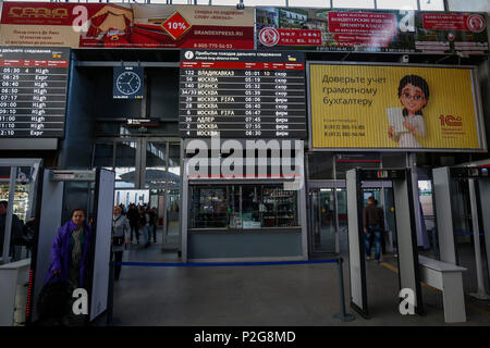 St Petersburg, Russia. 14th Jun, 2018. A sign showing FIFA trains is shown in Moskovsky railway station on June 14th 2018 in Saint Petersburg, Russia. (Photo by Daniel Chesterton/phcimages.com) Credit: PHC Images/Alamy Live News Stock Photo