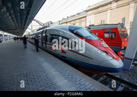 St Petersburg, Russia. 14th Jun, 2018. A Moscow to Saint Petersburg bullet train is shown in Moskovsky railway station on June 14th 2018 in Saint Petersburg, Russia. (Photo by Daniel Chesterton/phcimages.com) Credit: PHC Images/Alamy Live News Stock Photo