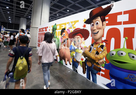 Hong Kong, China. 15th June, 2018. People visit the 4th Hong Kong Toy Festival in Hong Kong, south China, June 15, 2018. The three-day festival kicked off here on Friday. Credit: Li Peng/Xinhua/Alamy Live News Stock Photo