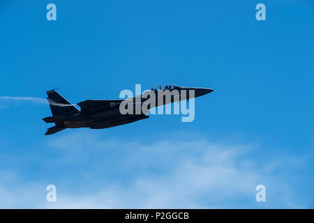 An F-15E Strike Eagle assigned to the 494th Fighter Squadron from Royal Air Force Lakenheath, England, takes off for a sortie in support of Tactical Leadership Programme 16-3 at Los Llanos Air Base, Spain Sep. 19. The training prepares NATO and allied forces’ flight leaders to be mission commanders, lead coalition force air strike packages, instruct allied flying and non-flying personnel in matters related to tactical composite air operations, and provide tactical air expertise to NATO agencies. (U.S. Air Force photo/ Staff Sgt. Emerson Nuñez) Stock Photo