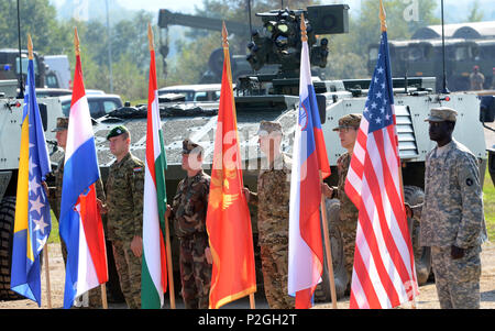 Soldiers representing NATO partner and allied nations hold thier respective country flags during the Immediate Response 16 closing ceremony, Sept. 22, 2016, held at the Eugen Kvaternik training area in Slunj, Croatia. Immediate Response 16 is a multinational, brigade-level command post exercise utilizing computer-assisted simulations and field training exercises spanning two countries, Croatia and Slovenia. The exercises and simulations are built upon a decisive action based scenario and are designed to enhance regional stability, strengthen Allied and partner nation capacity, and improve inte Stock Photo