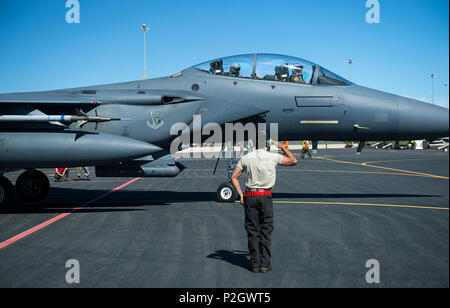 Airman 1st Class Joseph Rogel, 48th Aircraft Maintenance Squadron dedicated crew chief, salutes his F-15E Strike Eagle aircrew before a sortie in support of Tactical Leadership Programme 16-3 at Los Llanos Air Base, Spain Sept. 16. The training prepares NATO and allied forces’ flight leaders to be mission commanders, to lead coalition force air strike packages, to instruct allied flying and non-flying personnel in matters related to tactical composite air operations, and to provide tactical air expertise to NATO agencies. (U.S. Air Force photo/ Staff Sgt. Emerson Nuñez) Stock Photo