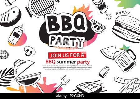 Summer BBQ party in doodles symbol and objects icon for background. Barbecue picnic invitation poster with hand drawn style. Use for labels, stickers, Stock Vector