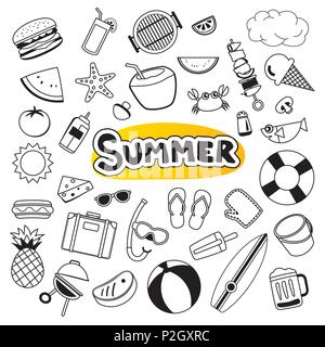 Summer objects set sticker icon in doodle design. Cartoon vector illustration. Can be used for banner, badges, symbol, element isolated background. Stock Vector